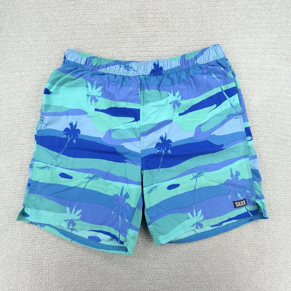SAXX Go Coastal 2N1 Volley Swim Trunks XL Blue Tropical Palm BallPark Pouch